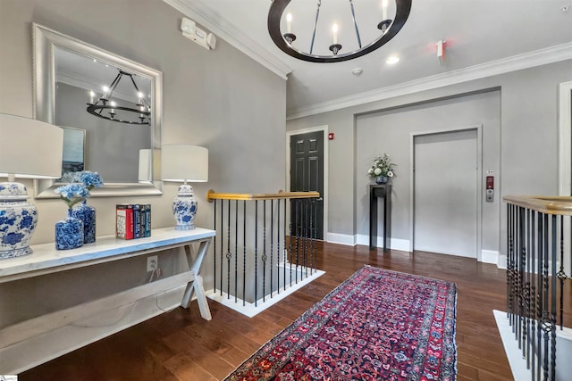 172 Ridgeland Dr # 101, Greenville, SC 29601 - corridor with a chandelier, ornamental molding, an upstairs landing, elevator, and wood finished floors