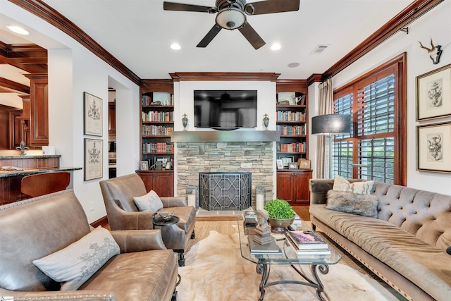 172 Ridgeland Dr # 101, Greenville, SC 29601 - living area with ceiling fan, ornamental molding, wood finished floors, a fireplace, and recessed lighting
