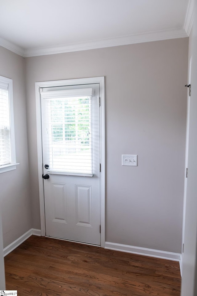 113 Hardy St, Williamston, SC 29697 - entryway featuring ornamental molding, dark wood-type flooring, and baseboards