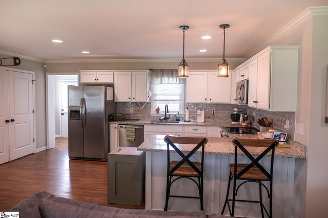 113 Hardy St, Williamston, SC 29697 - kitchen with stainless steel appliances, a sink, a peninsula, ornamental molding, and dark wood-type flooring