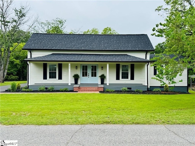 800 Holiday Dam Rd, Honea Path, SC 29654 - view of front of house featuring roof with shingles, covered porch, a front yard, and french doors