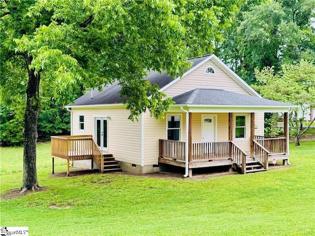800 Holiday Dam Rd, Honea Path, SC 29654 - back of house with crawl space, a lawn, a shingled roof, covered porch, and a deck