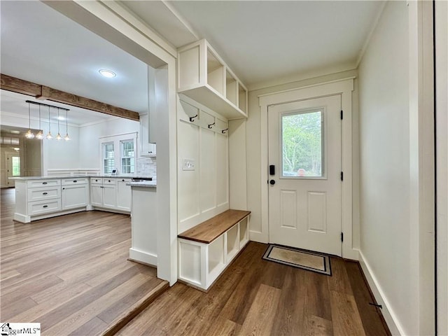 800 Holiday Dam Rd, Honea Path, SC 29654 - mudroom with plenty of natural light, wood finished floors, baseboards, beamed ceiling, and crown molding