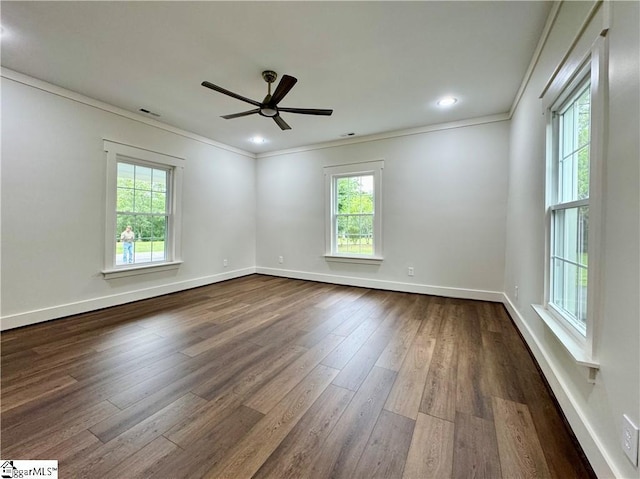 800 Holiday Dam Rd, Honea Path, SC 29654 - spare room with crown molding, plenty of natural light, a ceiling fan, dark wood-style floors, and baseboards