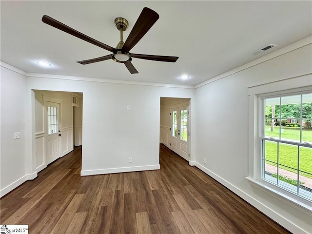 800 Holiday Dam Rd, Honea Path, SC 29654 - empty room featuring ornamental molding, baseboards, dark wood-style flooring, a ceiling fan, and recessed lighting