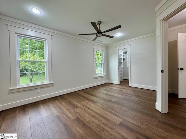 800 Holiday Dam Rd, Honea Path, SC 29654 - unfurnished bedroom featuring baseboards, wood finished floors, crown molding, recessed lighting, and ceiling fan