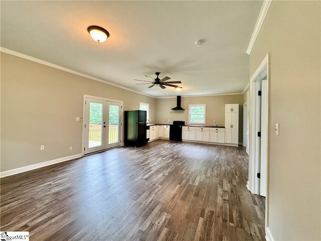 800 Holiday Dam Rd, Honea Path, SC 29654 - unfurnished living room with dark wood-style floors, ceiling fan, crown molding, healthy amount of natural light, and french doors