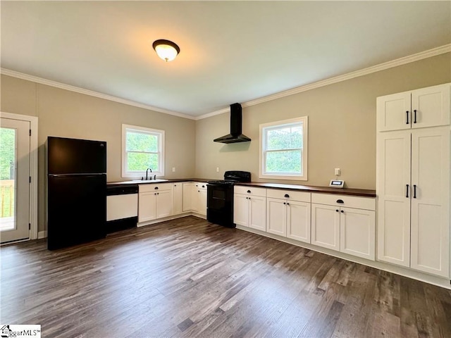 800 Holiday Dam Rd, Honea Path, SC 29654 - kitchen with black appliances, wall chimney range hood, a sink, crown molding, and dark wood finished floors