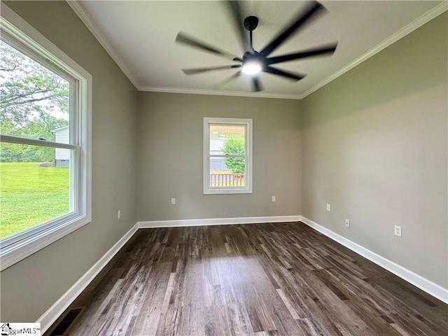 800 Holiday Dam Rd, Honea Path, SC 29654 - spare room featuring healthy amount of natural light, dark wood-type flooring, a ceiling fan, ornamental molding, and baseboards