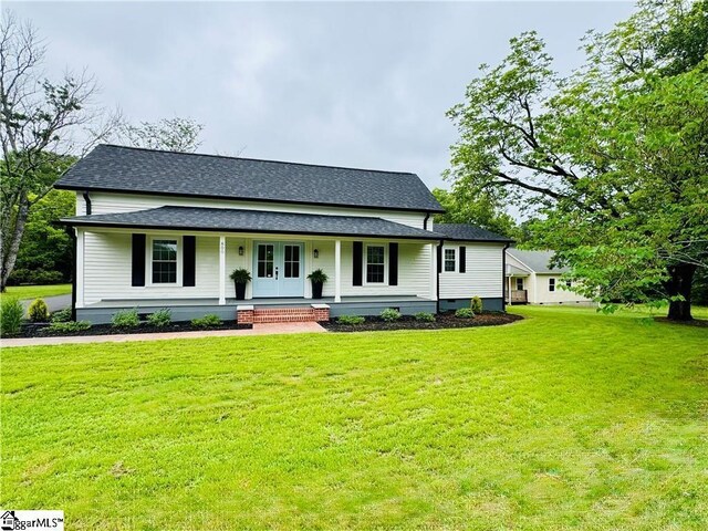 800 Holiday Dam Rd, Honea Path, SC 29654 - view of front of house with french doors, a shingled roof, a front lawn, a porch, and crawl space