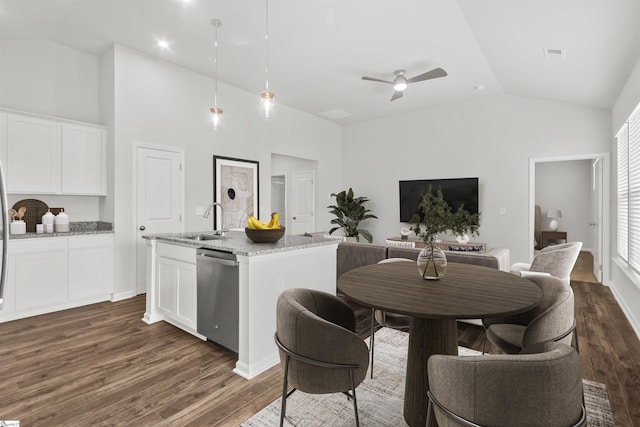 1142 Berry Patch Dr, Lyman, SC 29365 - dining room with dark wood finished floors, a ceiling fan, and high vaulted ceiling