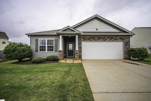 350 Hartleigh Dr, Lyman, SC 29365 - craftsman house featuring concrete driveway, a front lawn, a garage, and stone siding
