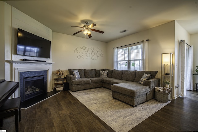 350 Hartleigh Dr, Lyman, SC 29365 - living area with a ceiling fan, wood finished floors, and a high end fireplace