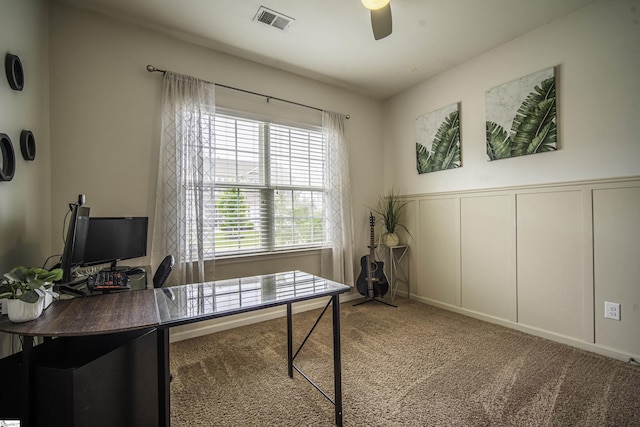 350 Hartleigh Dr, Lyman, SC 29365 - office featuring ceiling fan, carpet floors, a decorative wall, and a wainscoted wall
