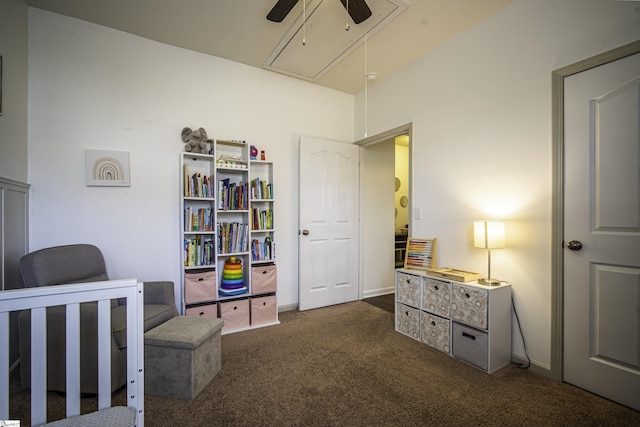 350 Hartleigh Dr, Lyman, SC 29365 - bedroom featuring attic access, dark carpet, a crib, a ceiling fan, and baseboards