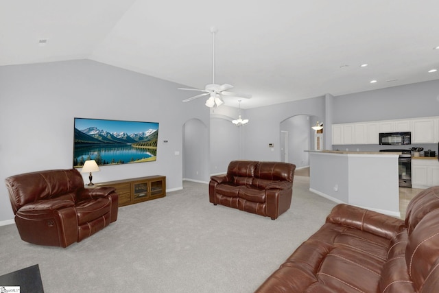160 Spirit Mountain Ln, Easley, SC 29642 - living area with arched walkways, ceiling fan, light colored carpet, lofted ceiling, and recessed lighting