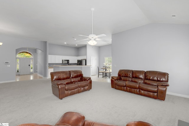 160 Spirit Mountain Ln, Easley, SC 29642 - living area with plenty of natural light, light colored carpet, arched walkways, a ceiling fan, and vaulted ceiling