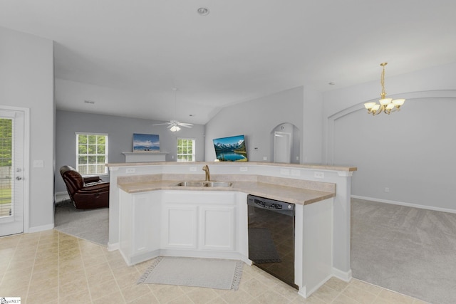 160 Spirit Mountain Ln, Easley, SC 29642 - kitchen with black dishwasher, open floor plan, a sink, a chandelier, and a ceiling fan