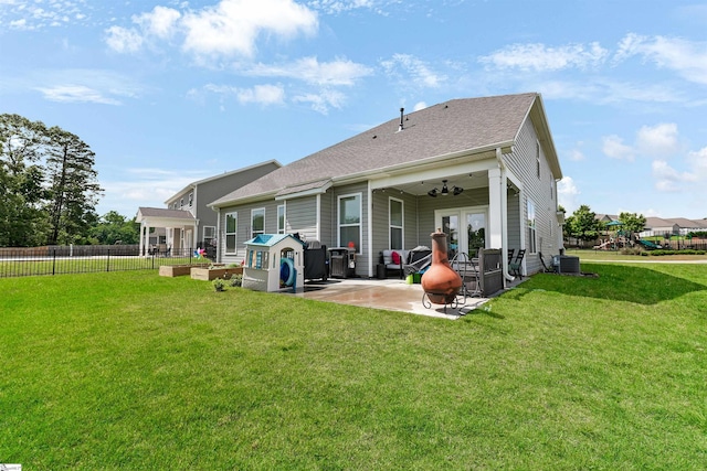 647 Fern Hollow Trl, Anderson, SC 29621 - back of property with a patio, central AC unit, a shingled roof, french doors, and ceiling fan