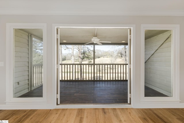 409 Hunters Cir, Greenville, SC 29617 - doorway to outside with a ceiling fan, crown molding, and wood finished floors