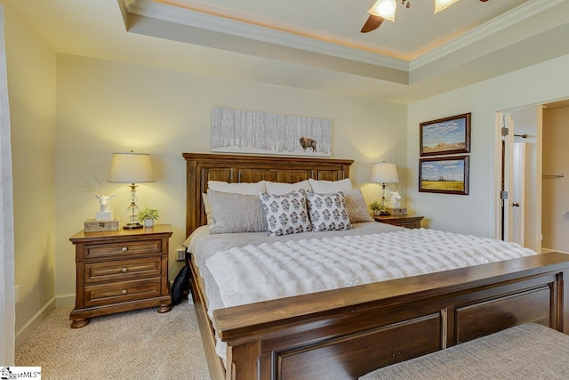 809 Dove Creek Ct, Boiling Springs, SC 29316 - bedroom with crown molding, light colored carpet, a tray ceiling, baseboards, and ceiling fan