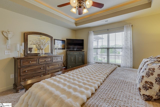 809 Dove Creek Ct, Boiling Springs, SC 29316 - carpeted bedroom with a raised ceiling, crown molding, a ceiling fan, and baseboards