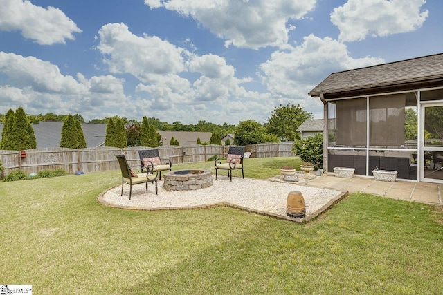 809 Dove Creek Ct, Boiling Springs, SC 29316 - view of yard with a fire pit, a sunroom, and a patio