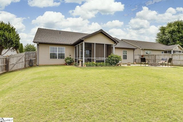 809 Dove Creek Ct, Boiling Springs, SC 29316 - back of property with a fire pit, a sunroom, a patio area, and roof with shingles