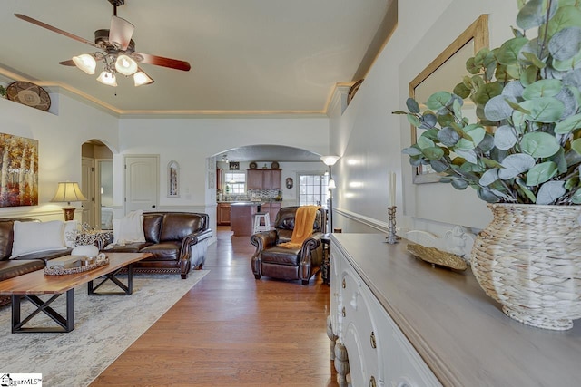 809 Dove Creek Ct, Boiling Springs, SC 29316 - living room featuring arched walkways, ceiling fan, ornamental molding, and wood finished floors
