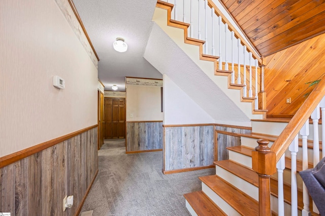 280 Kari Dr, Westminster, SC 29693 - staircase featuring carpet flooring, wainscoting, wood walls, and baseboards