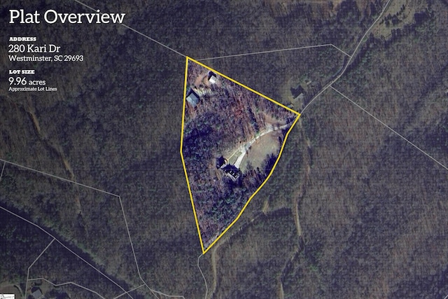 280 Kari Dr, Westminster, SC 29693 - aerial map of property and surrounding area featuring property boundaries highlighted