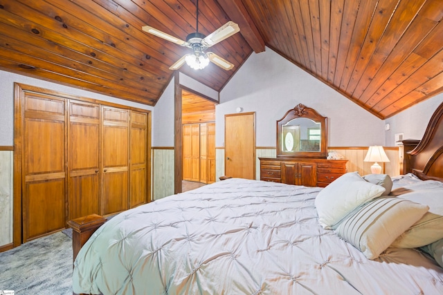 280 Kari Dr, Westminster, SC 29693 - carpeted bedroom featuring wooden ceiling, wainscoting, and ceiling fan