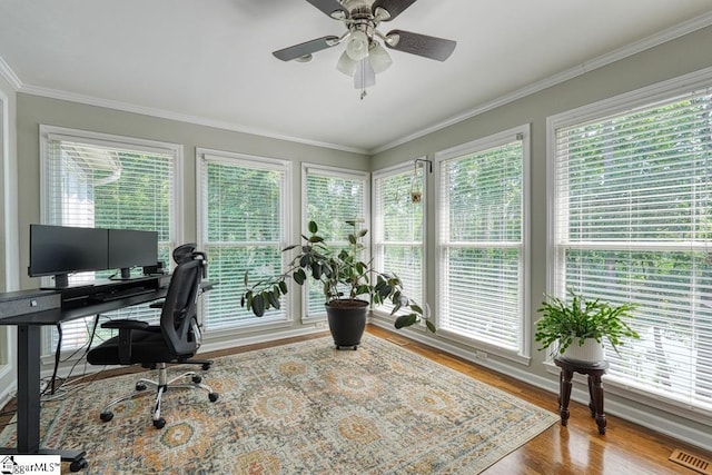 182 Roundstone Dr, Inman, SC 29349 - home office featuring crown molding, ceiling fan, wood finished floors, and baseboards