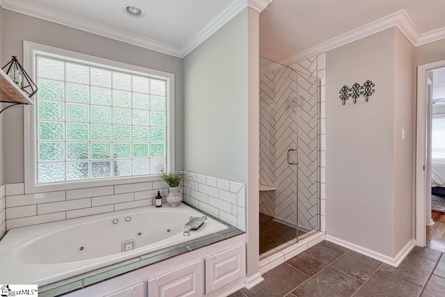 182 Roundstone Dr, Inman, SC 29349 - ensuite bathroom with a whirlpool tub, a shower stall, plenty of natural light, baseboards, and ornamental molding