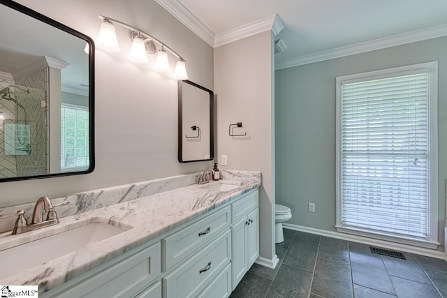 182 Roundstone Dr, Inman, SC 29349 - bathroom with toilet, double vanity, a tile shower, crown molding, and baseboards