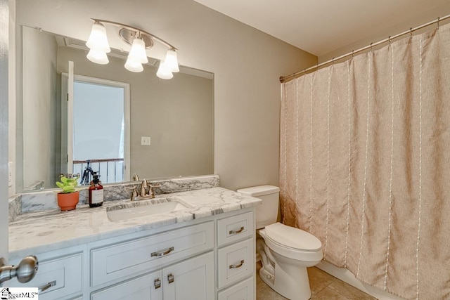 182 Roundstone Dr, Inman, SC 29349 - bathroom with toilet, vanity, tile patterned floors, and curtained shower