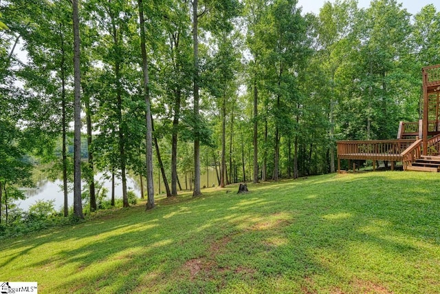 182 Roundstone Dr, Inman, SC 29349 - view of grassy yard featuring a wooden deck and stairs