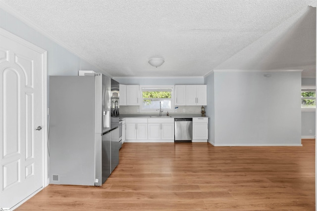 209 Boyd Ave, Simpsonville, SC 29681 - kitchen with stainless steel appliances, ornamental molding, a textured ceiling, backsplash, and a sink