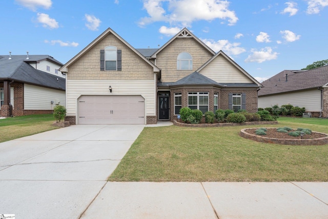 135 Adams Creek Pl, Simpsonville, SC 29681 - craftsman-style house with an attached garage, a front lawn, concrete driveway, and brick siding