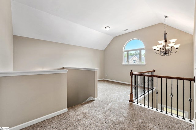 135 Adams Creek Pl, Simpsonville, SC 29681 - hall featuring an upstairs landing, carpet floors, vaulted ceiling, a chandelier, and baseboards