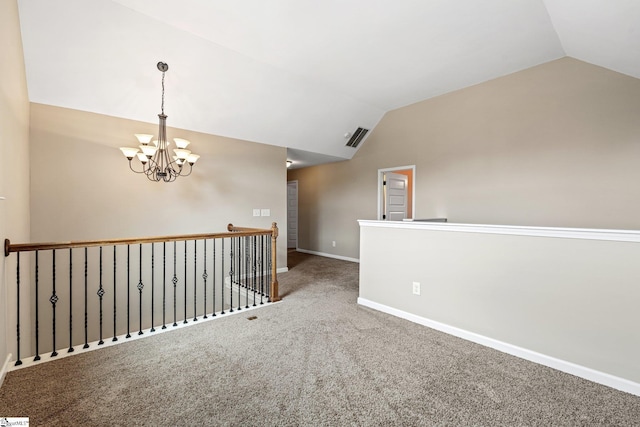 135 Adams Creek Pl, Simpsonville, SC 29681 - unfurnished room with lofted ceiling, a chandelier, carpet floors, and baseboards