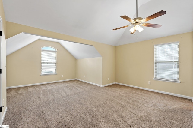 135 Adams Creek Pl, Simpsonville, SC 29681 - additional living space featuring vaulted ceiling, carpet flooring, ceiling fan, and baseboards