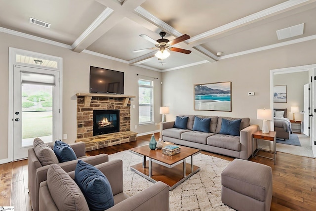 135 Adams Creek Pl, Simpsonville, SC 29681 - living area featuring hardwood / wood-style flooring, coffered ceiling, a ceiling fan, beam ceiling, and a fireplace