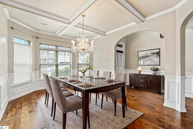 135 Adams Creek Pl, Simpsonville, SC 29681 - dining room with arched walkways, dark wood-style floors, healthy amount of natural light, beam ceiling, and a wainscoted wall