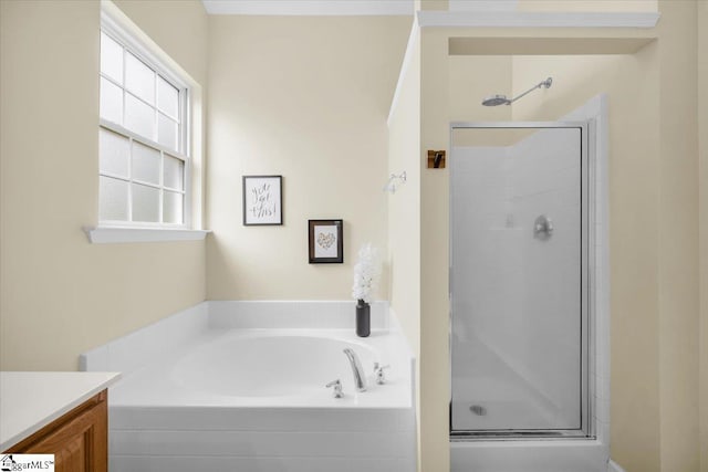 415 Plamondon Dr, Simpsonville, SC 29680 - bathroom featuring a shower stall, a garden tub, and vanity