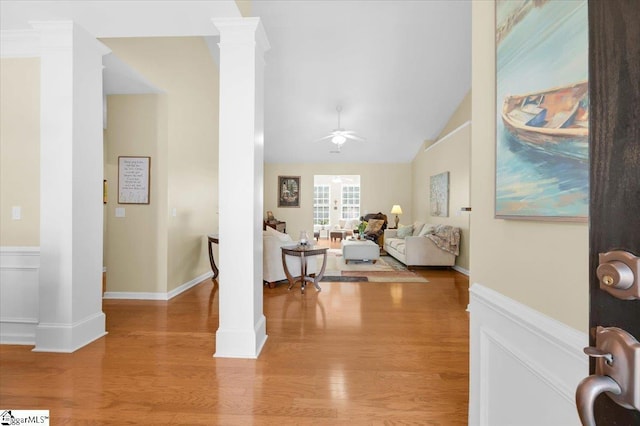 415 Plamondon Dr, Simpsonville, SC 29680 - entryway featuring ceiling fan, light wood finished floors, ornate columns, lofted ceiling, and baseboards