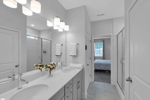 863 Orchard Valley Ln, Boiling Springs, SC 29316 - full bath with marble finish flooring, healthy amount of natural light, double vanity, and a shower stall