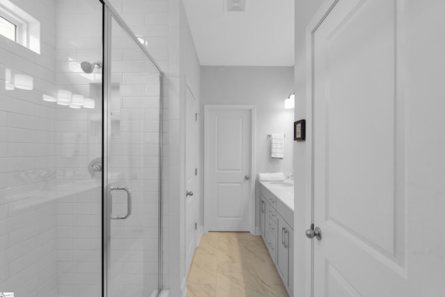 863 Orchard Valley Ln, Boiling Springs, SC 29316 - bathroom with vanity, marble finish floors, and a stall shower