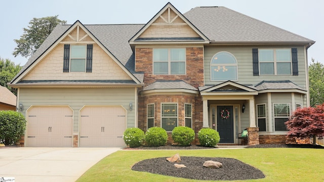 354 Harkins Bluff Dr, Greer, SC 29651 - craftsman-style home with stone siding, a front lawn, driveway, an attached garage, and roof with shingles