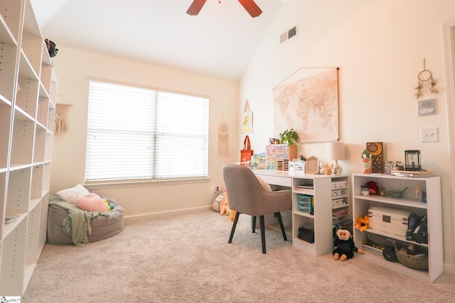 354 Harkins Bluff Dr, Greer, SC 29651 - office space with vaulted ceiling, a ceiling fan, and carpet flooring